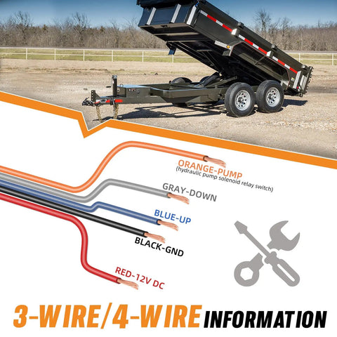 High Power Wireless Dump Trailer Remote Controller For 12V Hydraulic Systems diagram showing 3-wire/4-wire setup compatibility