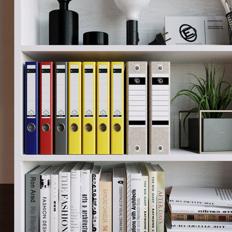Pair Of Six Tier Floor Standing Bookshelves 70 Inch Tall Display Storage Shelves For Home Office Living Room And Bedroom Sturdy MDF Construction Each Shelf Holds 22 Lb With Tipover Resistant Design Rustic Chic with binders and books organized on shelf