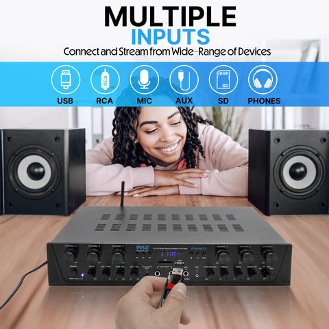 Beefy 600W 6 Channel Home Audio Amplifier For PA And Karaoke With Mic Talkover Headphone Jack Mic In USB SD AUX RCA FM Radio And Multi Speaker Support For Home Theater.