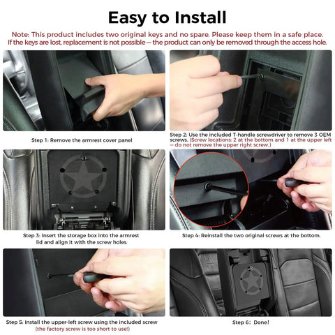 Installation steps for Metal Center Console Hidden Organizer for Jeep Wrangler JL JLU 2018 to 2026 and Gladiator JT 2020 to 2026