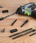 Power drill with Six Piece Socket Adapter Extension Set with Quarter Inch Hex Shank, displaying drive sockets and bit holder on wood surface