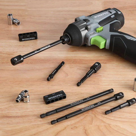 Power drill with Six Piece Socket Adapter Extension Set with Quarter Inch Hex Shank, displaying drive sockets and bit holder on wood surface