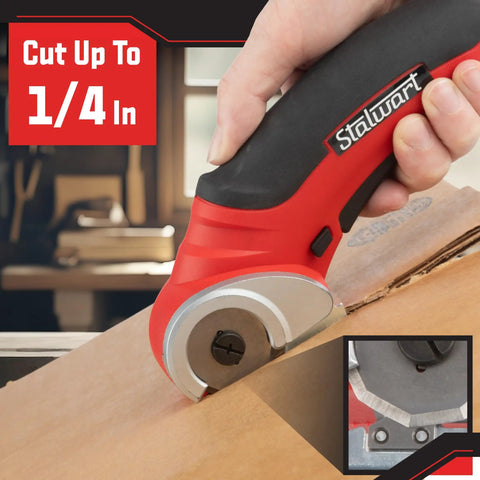 Stalwart Cordless Electric Scissors In Vibrant Red cutting cardboard with precision, designed for DIY and craft projects.
