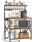 Rustic Brown Kitchen Bakers Rack With Power Outlets And A 31.5 Inch Desktop Four Tier Storage Coffee Bar Station With Eight S Hooks Microwave And Spice Organizer For Pots And Appliances featuring appliances and jars