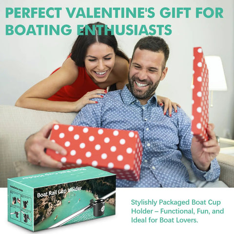 Couple opening gift box with No Drill Boat Rail Cup Holder With 360 Degree Clamp for Bimini Top PWC Ladders in living room