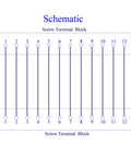 Schematic of Heavy Duty Rail Mount 12 Position Screw Terminal Block Distribution Module with labeled connections