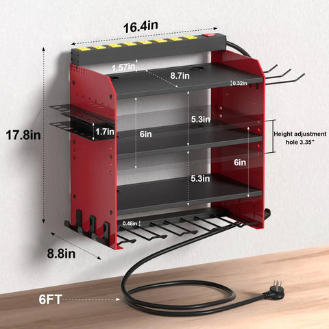Power Tool Organizer Wall Mount With Charging Station For Garage And Workshop Eight Outlet Charger Holds Drills And Tools
