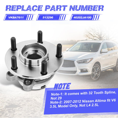 Front Wheel Hub Bearing Assembly Direct Fit Replacement For Nissan Altima Maxima Murano Pathfinder And Infiniti JX35 QX50 QX60 VKBA7611 513296 40202JA100