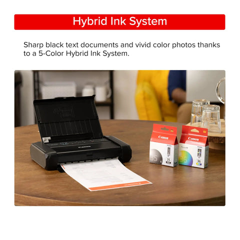 On The Go Wireless Portable Printer With 50 Sheet Paper Tray And 1.44 Inch Display on a table next to ink cartridges