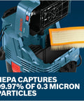 Savage 9 Gallon Dust Extractor With Auto Filter Activation showing HEPA filter for 0.3 micron particles and powerful suction.