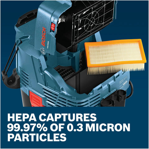 Savage 9 Gallon Dust Extractor With Auto Filter Activation showing HEPA filter for 0.3 micron particles and powerful suction.