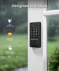 Sick Matte Black Wifi Smart Fingerprint Deadbolt Front Door Lock Built In Wifi Enables Hassle Free App Control and Security Checks without a Hub mounted on a door with rain.
