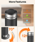 Close-up of Beast Space Heater For Large Rooms In A 23 Inch Tower with thermostat, 70° oscillation, and 12-hour timer.
