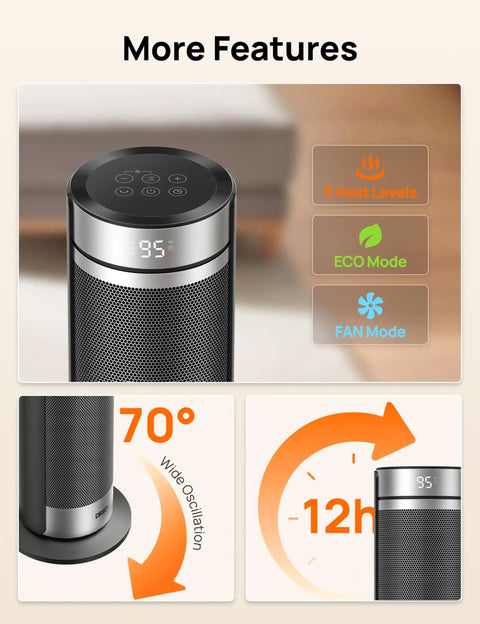 Close-up of Beast Space Heater For Large Rooms In A 23 Inch Tower with thermostat, 70° oscillation, and 12-hour timer.