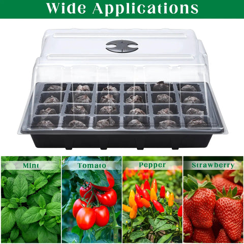 4 Pack Seed Starter Tray Kit With Humidity Dome And Base, 24 Cell Black Plastic Seedling Trays, for mint, tomato, pepper, strawberry