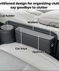 Anti Drop Car Seat Gap Filler Organizer In Premium Leather showing cup holder and compartments for phone and keys, 2 pack
