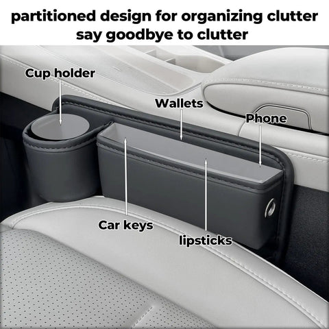 Anti Drop Car Seat Gap Filler Organizer In Premium Leather showing cup holder and compartments for phone and keys, 2 pack