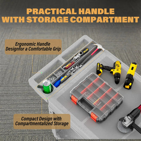 Top view of Heavy Duty Utility Rolling Tool Cart With 1000 Lb Capacity, showing tool arrangement in gray plastic tray.