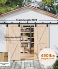 Exterior Sliding Barn Door Hardware Kit Box Rail Track Set For Outdoor Use Heavy Duty 450 Pound Capacity Wall Mount Kit Beefed Up And Ready For Double Thirty Inch Doors installed on shed