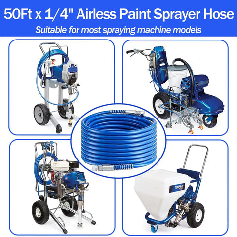 No Fuss Airless Paint Sprayer Kit With 25 Ft Hose And Three Reversible Tips, featuring 50Ft hose suitable for various sprayers.