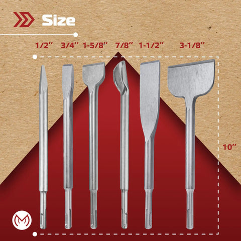 Must Have Pro Grade SDS Plus Chisel Set For Rotary Hammer Drills 6 Piece Kit With Point Flat Scraping Tile Groove And Scaling Chisels 10 Inch Bits For Brick Concrete Masonry Block And More displayed on red background with sizes.