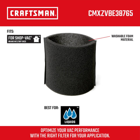 Foam Sleeve Wet Dry Vac Replacement Filter For Shop Vacs Washable And Reusable Wet Application Filter That Protects Exhaust