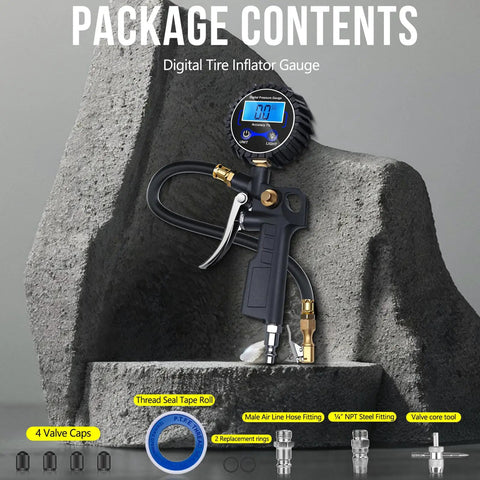 Digital Tire Pressure Gauge With Inflator 3 To 250 PSI Kit with air chuck, coupler, and rubber hose for car, truck, SUV, motorcycle, and RV.