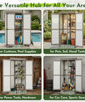Tall Outdoor Storage Cabinet With Adjustable Shelves For Garden And Garage White Plastic And Wood Build Waterproof Roof Lockable Doors Yard Ready Tool Shed For Patio Backyard And Other Outdoor Spaces open displaying items for patio, garden, tool shed, and garage use