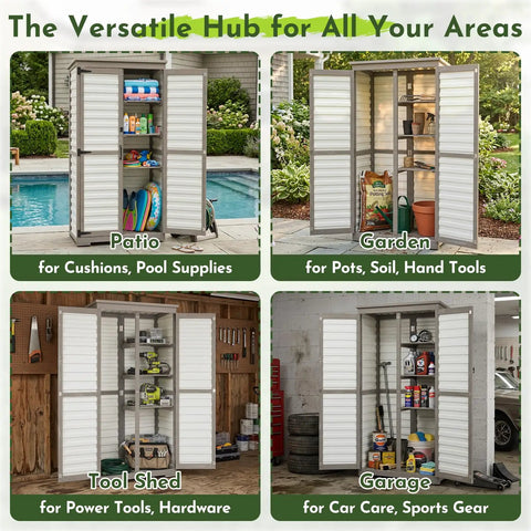 Tall Outdoor Storage Cabinet With Adjustable Shelves For Garden And Garage White Plastic And Wood Build Waterproof Roof Lockable Doors Yard Ready Tool Shed For Patio Backyard And Other Outdoor Spaces open displaying items for patio, garden, tool shed, and garage use