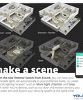 Graphic showing different lighting scenes - Entertain Inside, Entertain Outside, Movie, Sleep - controlled by YoLink app on a phone.