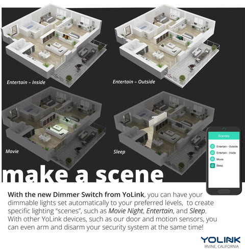 Graphic showing different lighting scenes - Entertain Inside, Entertain Outside, Movie, Sleep - controlled by YoLink app on a phone.