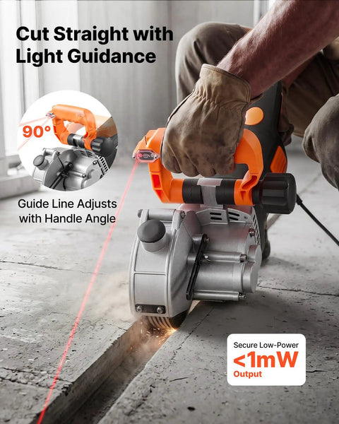 Powerhouse Wall Chaser for Concrete and Brick, 6800 RPM Electric Groove Cutter with adjustable guide line in use