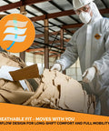 Heavy Duty White Disposable Coveralls Industrial Grade Antistatic Protective Suit Full Body Tear Puncture Resistant Cleaning Jumpsuit 2XL 25 Pack For Chemical Handling Construction And Paint Jobs shown in use for industrial tasks.