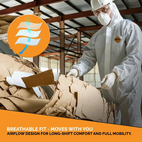 Heavy Duty White Disposable Coveralls Industrial Grade Antistatic Protective Suit Full Body Tear Puncture Resistant Cleaning Jumpsuit 2XL 25 Pack For Chemical Handling Construction And Paint Jobs shown in use for industrial tasks.