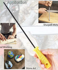 Hand holding a round file with a yellow plastic handle, near images showing its use in sharpening metal, woodworking, and stone art.