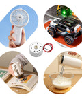 4 Pack Mini DC Motors 3.7V 8500RPM High Speed Electric Motor Kit for DIY projects, shown powering small appliances and toys.