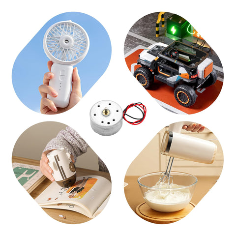 4 Pack Mini DC Motors 3.7V 8500RPM High Speed Electric Motor Kit for DIY projects, shown powering small appliances and toys.