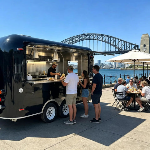 Heavy Duty Turnkey Commercial Grade Black Taco Food Truck And Slick Mobile Catering Trailer With Private Restroom And Dot Certified Build For Operations in use by customers.