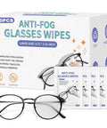 Front view of 200-pack anti-fog glasses wipes box with large-size wipes (4.72 x 5.91 in) and individually wrapped sachets