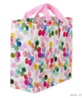 Back view of 10.47 Inch Square Gift Bag With Watercolor Dots And Just For You Design, sturdy high quality paper, pink handles
