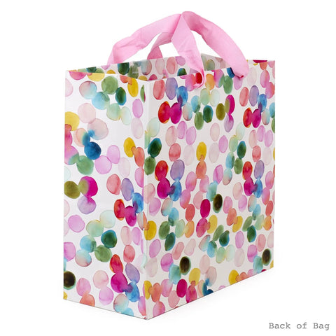 Back view of 10.47 Inch Square Gift Bag With Watercolor Dots And Just For You Design, sturdy high quality paper, pink handles