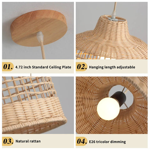 Rattan Pendant Light Hand Woven Basket Shade Ceiling Lamp with adjustable length, natural rattan, and tricolor dimming feature.