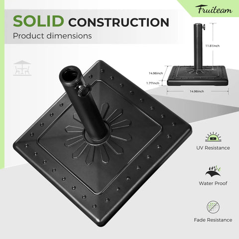 24 Lb Prefilled Umbrella Base For 15 Inch Square Patio Umbrellas, black stand with adjustable pole fit, solid construction.