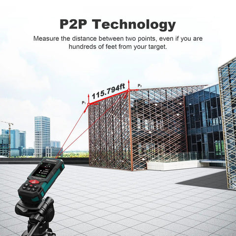 Laser Measure Tool With 165 Feet Range, Dual Bubble Levels, measuring building distance with P2P Technology displayed