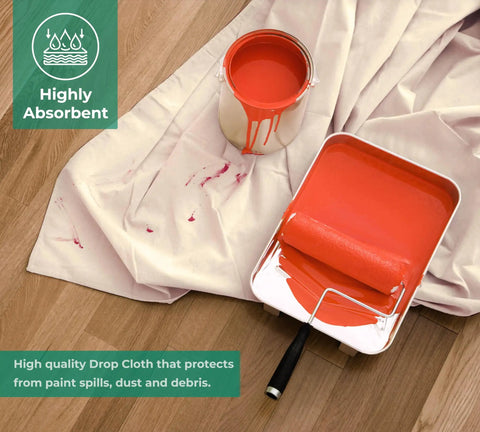 Must Have Canvas Drop Cloth For Painting 4x5 Feet Pack Of 1 with orange paint spill, 60% cotton, 40% polyester on wooden floor