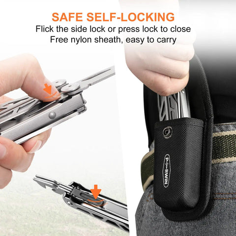 13 In 1 Multitool Pliers Kit with safe locking carabiner and sheath shown with nylon sheath being worn on a belt