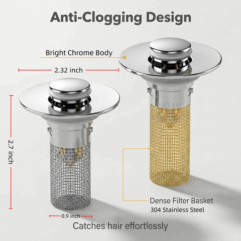 Universal Bathroom Sink Drain Stopper Pop Up Filter With 304 Stainless Steel Hair Catcher Strainer Basket Anti Clog Design showing chrome and gold designs.