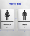 Two Piece ADA Restroom Signs For Business Men's And Women's Bathroom Sign Set In Silver Brushed Aluminum Raised Braille Self Adhesive 9 By 6 Inches Durable
