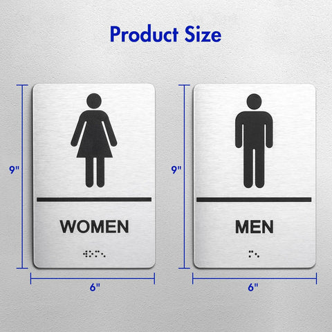Two Piece ADA Restroom Signs For Business Men's And Women's Bathroom Sign Set In Silver Brushed Aluminum Raised Braille Self Adhesive 9 By 6 Inches Durable