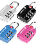 TSA Approved Luggage Locks Set With 3 Digit Combination Padlocks Alloy Body Open Alert Indicator For Travel Backpack Locker Gym Gun Case Tent 4 Pack Great For Everyday Travel, showing four locks in silver, black, blue, and pink.